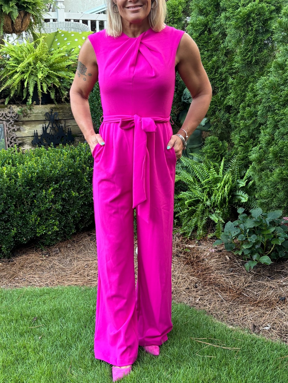 Tahari Fuchsia Tie-Waist Sleeveless Jumpsuit Size 2